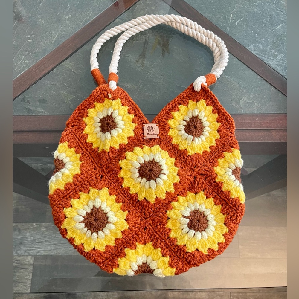 Granny Sunflower squares knitted shoulder bag handmade brown and yellow New